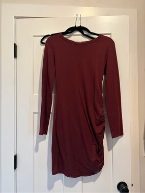 Long Sleeve Mini Dress with Side Ruching - Burgundy